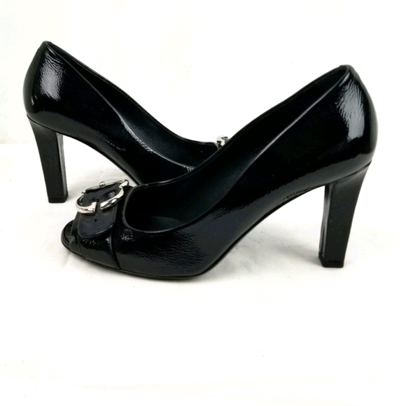 Gucci Black Patent Leather Peep Toe Block Heels Pumps size 38.5 - Picture 2 of 9
